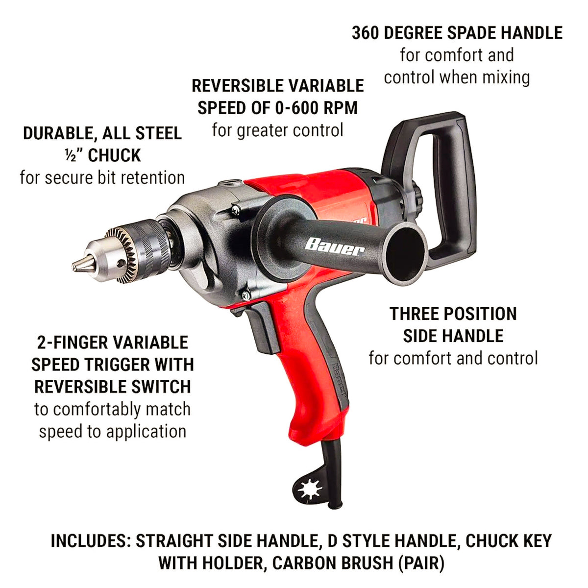 BAUER 7.5-Amp Heavy-Duty Drill/Mixer, 1/2-Inch Chuck, 600 RPM, Dual Handles