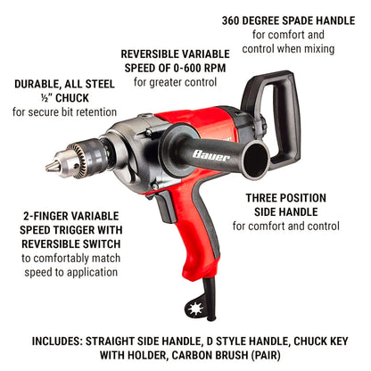 BAUER 7.5-Amp Heavy-Duty Drill/Mixer, 1/2-Inch Chuck, 600 RPM, Dual Handles