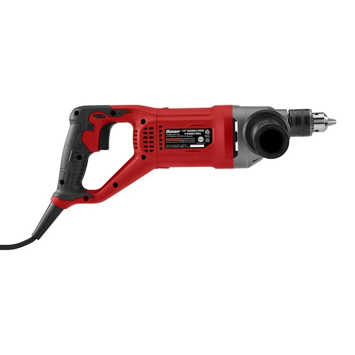 BAUER 9-Amp Heavy-Duty D-Handle Drill, 1/2-Inch Keyed Chuck, Variable Speed, 1200 RPM